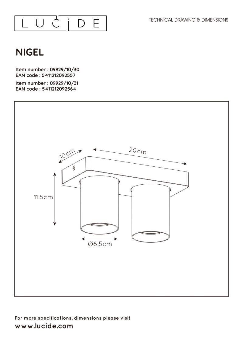 NIGEL Ceiling spotlight 2xGU10/5W White